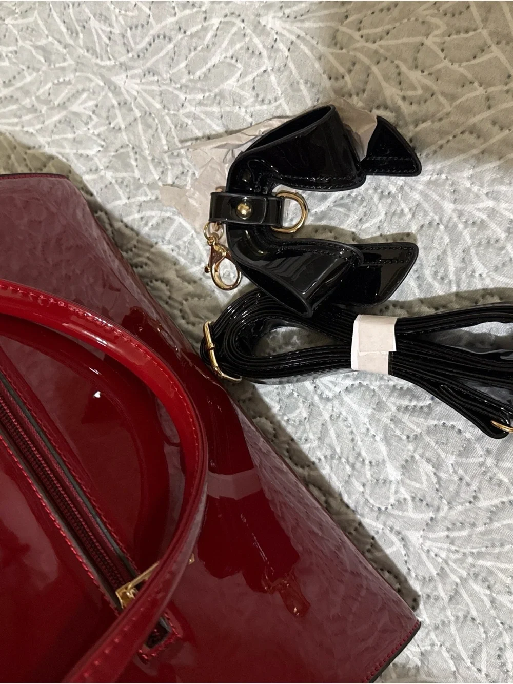 Patent Two-Tone Top-Handle Satchel in Black & Red